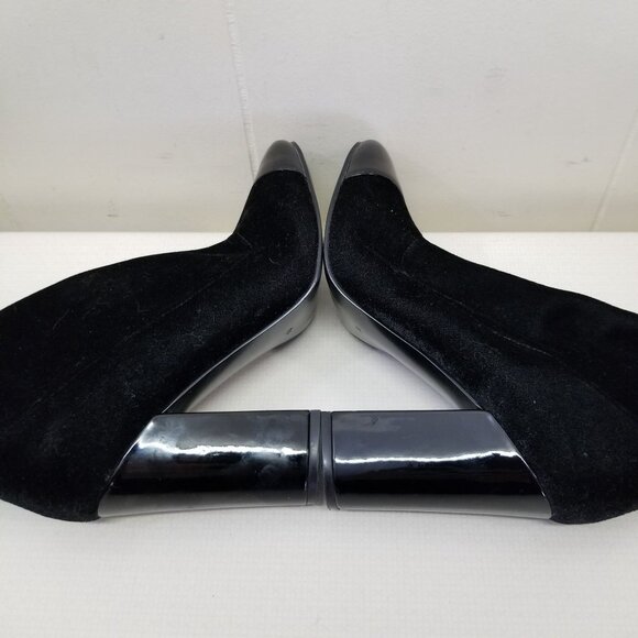 Guess 7.5 Black Velvet Thigh High Heeled Boots LOLO Patent Leather Cap Toe - Picture 7 of 10